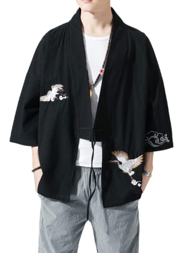 Image of Men's Japanese Kimono Cardigan Loose Cotton Linen 3 /4 Sleeve Open Front Casual Summer Shirt Jackets