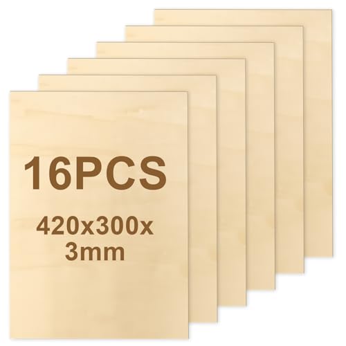 Lot de 16 plaques de contreplaqué A3 de 3 mm, 420 x 300 x 3 mm, en tilleul, contreplaqué, pour travaux manuels, bricolage, travail du bois, laser, pyrogravure, modélisme, cadeaux, décoration