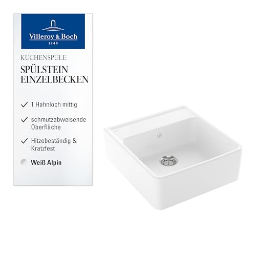 Villeroy & Boch Spülstein Einzelbecken, Küchenspüle mit einem Hahnloch, Spüle inkl. Ablaufgarnitur mit Handbetätigung, Spülbecken aus Keramik, 595 x 630 mm, Weiß Alpin CeramicPlus