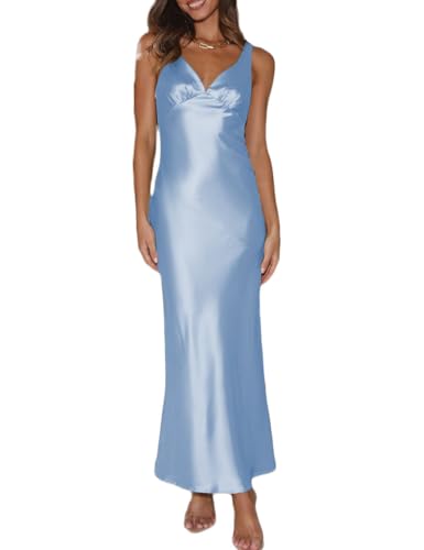 Image of VUBIYA Women's Summer Satin V Neck Backless Maxi Dress Wedding Guest | Open Back Tie-Back, Low Back Sleeveless, Formal Bridesmaid, Elegant Cocktail, Vacation Beach, Date Night and Party