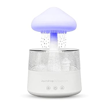AMAZON - RaindropRelaxation – Mushroom Rain Humidifier – Water Drip & Essential Cloud Oil Diffuser for Home Aroma – Bedroom Night Light & Waterfall Lamp with Calming Rain Sounds to Help Sleeping & Stress