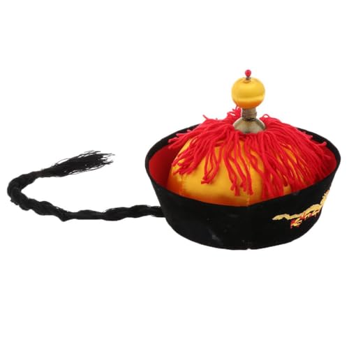 Cappello stampato a forma di drago con coda di cavallo e nappe rosse