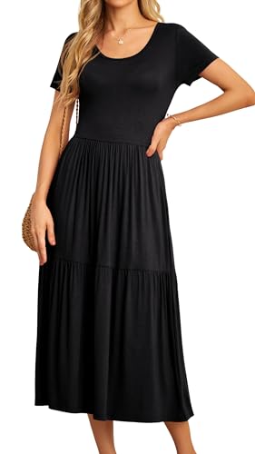 GRECERELLE Womens Summer Maxi Dress Casual Short Sleeve Crew Neck Swing Flowy Tiered Party Dresses with Pockets for Weddings, Holidays (Black, L) - Image 4