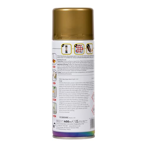 Image of Tetrion Easy Spray Paint - Bright Gold 400ml - All-Purpose Fast Drying Acrylic Spray for Wood, Metal, Plastic, Ceramic & More, Smooth Base Coat - Indoor & Outdoor Use, 13.5 Oz