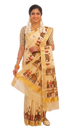 Image of Women's Mural Printed Kerala Gold Tissue Saree with Running Blouse Piece | Traditional South Indian Ethnic Saree for Festivals, Weddings & Special Occasions