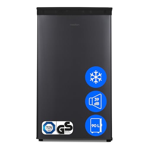 MEDION Kühlschrank mit Eiswürfelfach (90L Gesamt-Nutzinhalt 80L Kühlteil 10L Eiswürfelfach, transparente Gemüseschublade, freistehend, wechselbarer Türanschlag, höhenverstellbare Füße, MD37690) grau