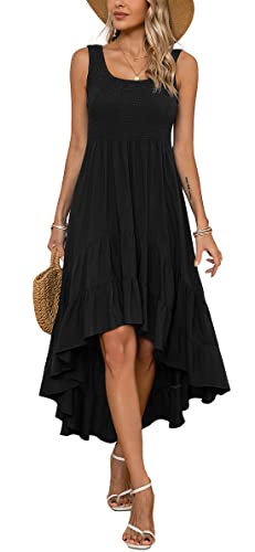 Image of Kormei Women's Casual Smocked Tank Dress Sleeveless High Low Flowy Summer Beach Tiered Loose Maxi Long Dresses L Black