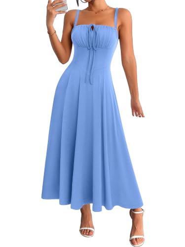 Image of YATHON Women's Summer Midi Corset Boho Dresses Spring Casual Floral Spaghetti Straps Lace Up Dress Flowy Aline Beach Sundress