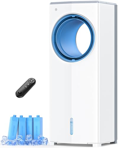 MYICY Windowless Air Conditioner, 27' Bladeless Evaporative Air Cooler with 4 Modes & 3 Speeds, Double Tanks, 4 Ice Packs, 25FT Remote,7H Timer, Portable Swamp Cooler Air Conditioner No Window Needed