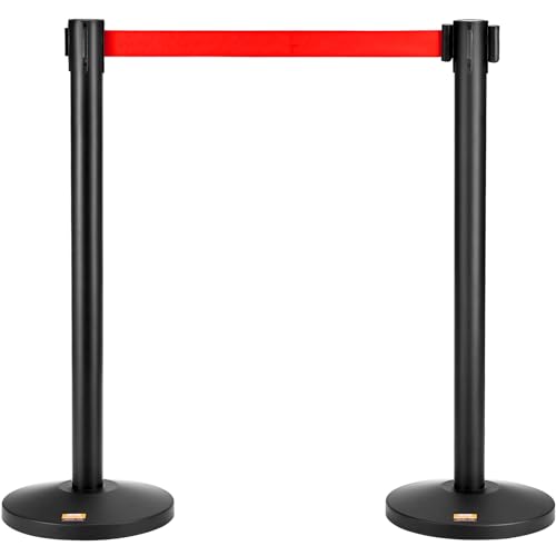 VEVOR Crowd Control Stanchions, 2-Pack Crowd Control Barriers, Carbon Steel Baking Painted Stanchion Queue Post with 11FT Red Retractable Belt, Belt Barriers Line Divider for Exhibition, Airport