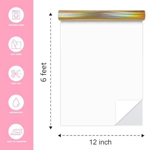 Image of Holographic Gold Heat Transfer Vinyl Roll, 12 inch x6Ft Mirror Metallic Iron on Vinyl, Soft Metallic Foil HTV for T-Shirt, Chrome HTV Easy to Cut & Weed for Heat Vinyl Design