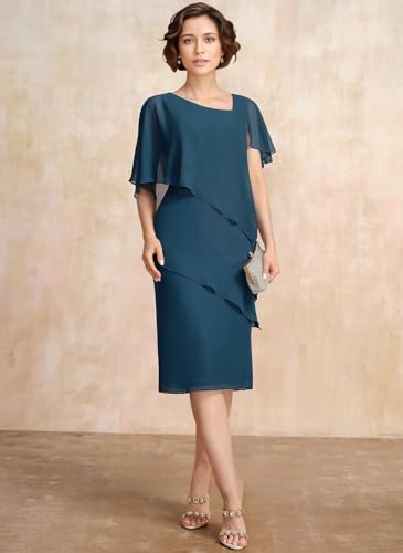 Wchecalino Women's Tea Length Mother of Bride Dresses for Wedding Chiffon Ruffle Sleeve Formal Evening Dress4