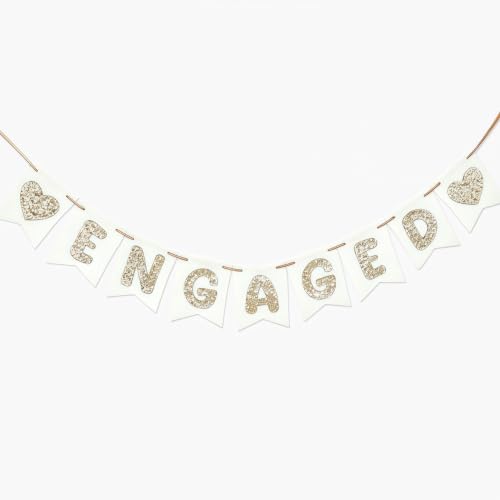 Felt Engaged Banner with Glitter Letters, White Gold Hearts Engagement Sign