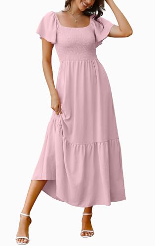 Image of OFEEFAN Summer Dresses for Women Square Neck Ruffle Sleeve Smocked Maxi Dress with Pockets