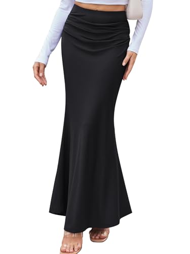 BAISHENGGT Womens Floral Boho Maxi Skirts Elastic High Waisted Ruched Stretchy Elegant Mermaid Casual Long Skirt Solid Black S
