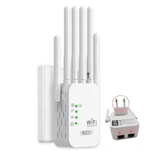 Repeteur WiFi Puissant, Amplificateur Répéteur WiFi 6 Dual Band,repeteur WiFi Puissant avec 6 Antennes Puissantes, 2 Ports LAN,repetiteur WiFi Puissant sans Fil
