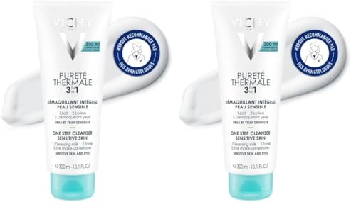 Vichy, Pureté Thermale, Démaquillant Intégral, Utilisation 3-En-1 Lait Lotion et Démaquillant, Nettoie et Purifie, Adapté aux Peaux et Yeux Sensibles, Glycérine, 300 ml (Lot de 2)