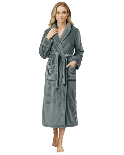 NY Threads Premium Womens Robe, Plush Fleece Long Bath Robe for Women, Fluffy Soft Women's Bathrobe, Medium, Dark Grey