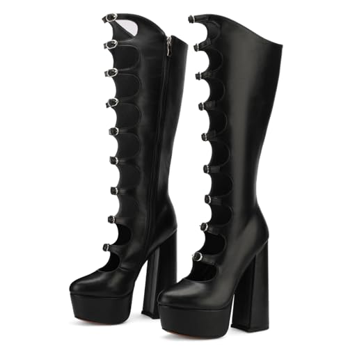FancyQueen Gothic Boots for Women Knee High Chunky Platform Boots Black Lolita Buckle Block Heels Punk Combat Mid Calf Shoes
