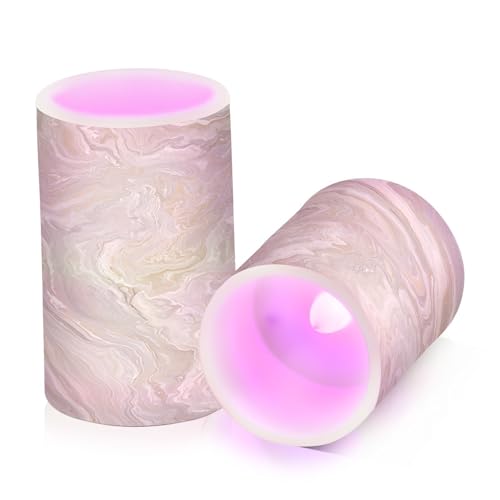 Image of Flickering Flameless Candles, Gold Tile Marble LED Candles with Remote Timer, Set of 2 Battery Operated Candle for Valentine Wedding Birthday