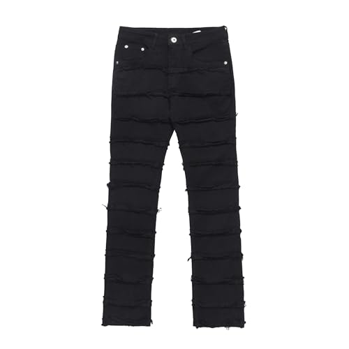 Men's Destroyed Slim-Fit Stacked Jean Regular Stylish Ripped Denim Pant Daily Fit Y2K Pants for Men (Black,X-Large)