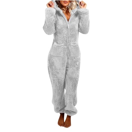 Battnot Schlafanzug Einteiler Damen, Flauschiger Kapuzen Onesie Pyjama mit Taschen, Anime Warmer Fleece Overall Damen Kuschelig Jumpsuit Fleece...