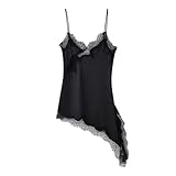 Mini vestido asimétrico de encaje de verano con tirantes Fluido estilo boho línea A para citas Ocasiones especiales, Negro , L