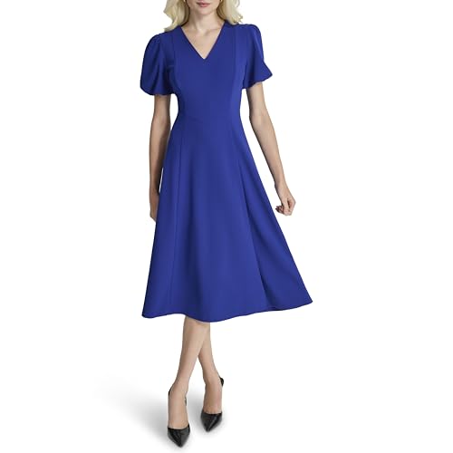 Image of DKNY Women's Bubble Sleeve V-Neck Fit & Flare Mini Dress