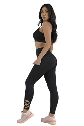 Shosho Womens High Waist Tummy Control Sports Leggings Athletic Workout Yoga Tights With Pockets & Criss Cross Ankle Detail Solid Black Large #TOP1