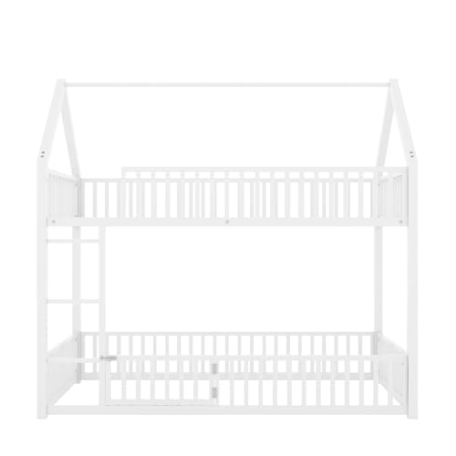 Image of Bellemave Metal Bunk beds Twin Over Twin, House Floor bunk Bed with guardrail and Door for Kids,White