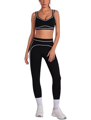 ABOCIW Workout Sets for Women Scoop Neck Contouring Contrast Stitching Sports Bra High Waist Leggings 2 Piece Gym Sets Athletic Yoga Pilates Outfits Black Small