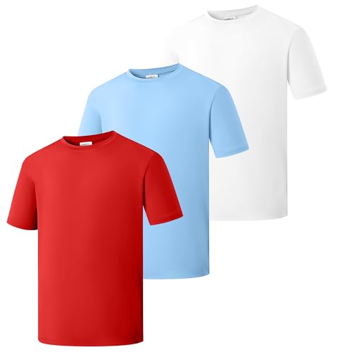 HIBETY 3 Pack Kid Boys Youth Athletic T-Shirts, Moisture-Wicking Dry-Fit Sports Tee, Gym Workout Short Sleeve Shirts White/Blue/Red-3P03-M