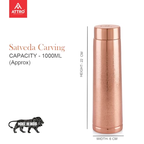 Image of ATTRO Satveda Copper Bottle Design Boosts Immunity Leakproof & Lightweight |Anti-Bacterial, BPA Free with Secure Cap for School, Travel, Gym & Work 1000ml Carving