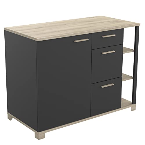 Petit Meuble Buffet Bas pour Salon Ou Cuisine, 1 Porte, 3 tiroirs Et Plan De Travail Intégré en Bois d'ingénierie - Atelier – Coloris Noir Mat & Chêne -...