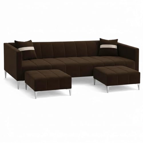 Image of Solomon 6 Seater L Shape Sofa Set with 2 Movable Ottoman | Flexible Left or Right Layout | Luxe Velvet Suede Fabric | Comfortable Seating | Modern Sofa for Living Room - Dark Brown