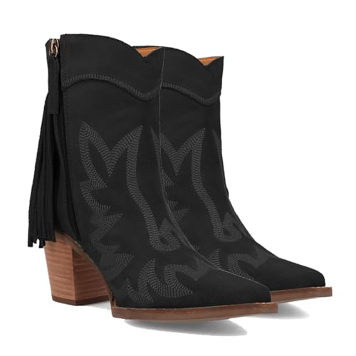 Women Tassel Western Booties Chunky Block Heel Suede Cowboy Ankle Boots Fringe Zipper Pointed Closed Toe Booties Stacked Heel Short Boots Cowgirl Embroidered Retro Vintage 4-11 M US4