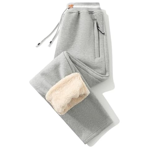 FoxQ Mens Fleece Lined Sweatpants with Zipper Pockets Winter Sherpa Lined Pants Sports Joggers Athletic Running Casual Yoga Loose Fit Straight Leg Open Bottom Heather Light Grey Cover