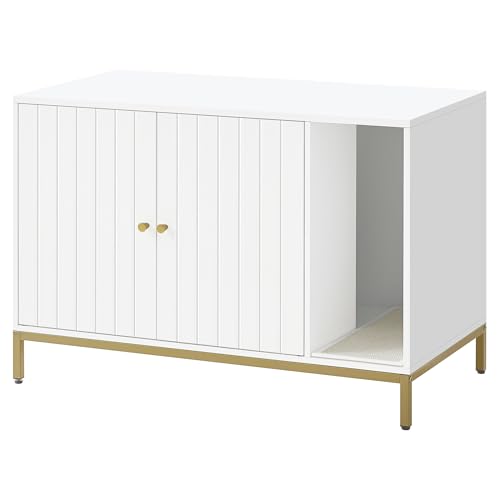 Feandrea Katzenklo-Schrank, Katzenhaus, Katzentoilette, mit Kratzmatte, hohe Beine, für Katzen, Beistelltisch, 90 x 48 x 61,5 cm, weiß-goldfarben...