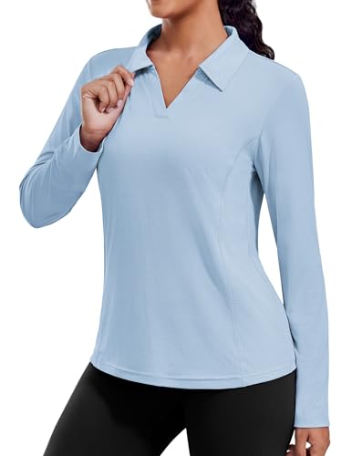 PINSPARK Women's UPF 50+ Sun Shirts Long Sleeve Workout Tops Lightweight V Neck Hiking Running Fishing Golf Shirt for Summer,Light Blue XL
