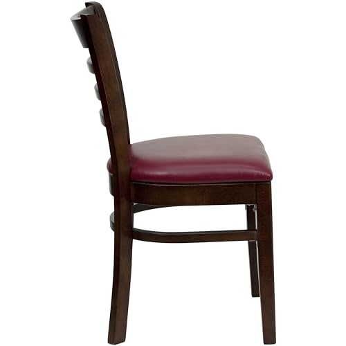 Image of Flash Furniture HERCULES Series Ladder Back Walnut Wood Restaurant Chair - Burgundy Vinyl Seat