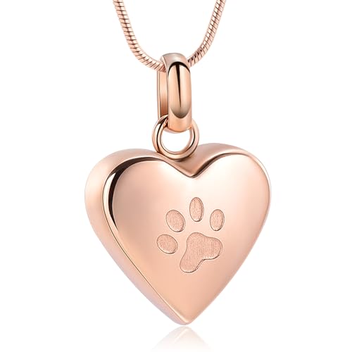 VCCWYQK Urnen-Halskette für Asche für Hunde, Pfotenabdruck, Herz-Urnen-Halskette für Haustiere, Gedenkstück, Andenken, Schmuck (Roségold)