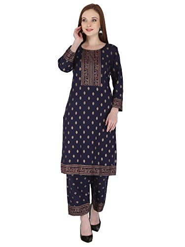 Image of Women's Rayon Printed Kurta with Palazzo Set (Small, Blue Palazzo Set)