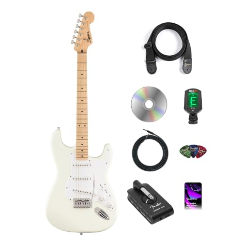 Image of Fender Squier Sonic Stratocaster - Arctic White Bundle with Mustang Micro Headphone Amplifier, Cable, Tuner, Strap, Picks, and Austin Bazaar Instructional Video