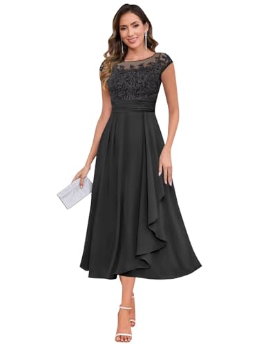 Mother of The Bride Dresses for Women Crew Neck A Line Tea Length Lace Chiffon Womens Formal Dress