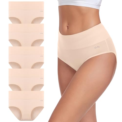coskefy Cotton Panties for Women No Show High Waisted Underwear Seamless Tummy Control Briefs 5 Pack Beige