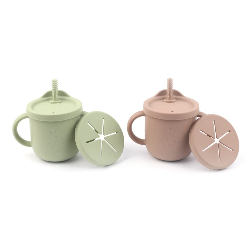 Image of Babes Choice | Set of 2 Baby Toddler Silicone Cups | Cup With Teether Straw | Sippy Cup With Two Handles | Spill Proof Snack Cup | BPA free 8oz (Tan and Green)