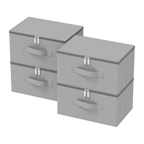 GUOHNHE Boîte de Rangement avec Couvercle, Pliables en Tissu avec Poignées, Panier Rectangulaire Cubique en Tissu avec Fermeture à Glissière, 30 x 20 x 16 cm, Lot de 4, Gris, XSNY16GS-4
