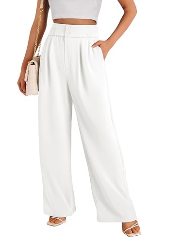 KICZOY Summer Women High Waist Wide Leg Dress Pants Pleated Front Wide Waistband Elastic Work Casual Long Trousers B-White