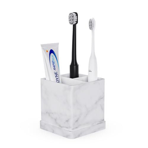 Silicone Toothbrush Holders for Bathrooms with Drainage Tray White Marble