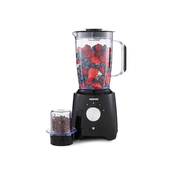 Geepas Electric Blender Smoothie Maker, Food Jug Blender 600W –Stainless Steel Blades, 2 Speed Control with Pulse & Turbo Functions, 1.8L Large Jar & 0.3L Coffee Grinder Jar, Smoothie Maker – Black